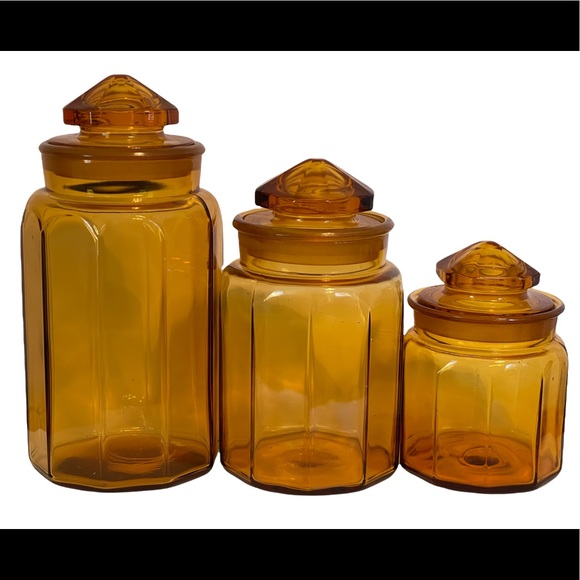 Other - Set of 3 Vintage Amber Orange Glass Canister Jars w/ Lids